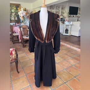 VTG Ralph Lauren Black Wool Long Tie Belt Fur Collar Coat Sz 4